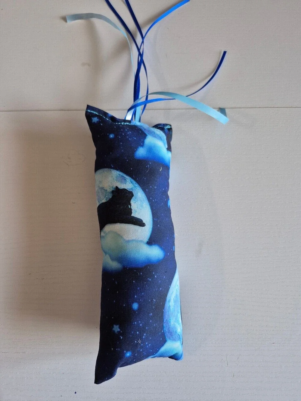 Black cat in moon Cat-nip cat kicker toy stuffed w/ fluff & ribbons for fur baby